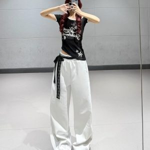 Black Irregular Off-Shoulder Short-Sleeve T-Shirt for Women + White High-Waisted Straight-Leg Sports Pants - Y2K Style