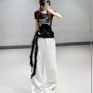 Black Irregular Off-Shoulder Short-Sleeve T-Shirt for Women + White High-Waisted Straight-Leg Sports Pants - Y2K Style