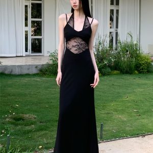 Black Lace Halter Neck Mermaid Dress with Hollow Out Waist - Slim Fit Knitted Summer Fashion for Women