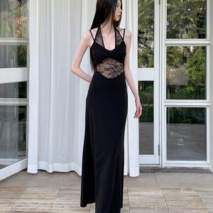 Black Lace Halter Neck Mermaid Dress with Hollow Out Waist - Slim Fit Knitted Summer Fashion for Women