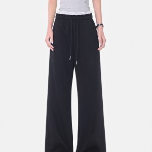 Black Lace Spliced Wide-Leg Casual Pants for Women - Flared Slimming Sweatpants for Spring/Summer Fashion