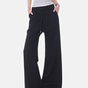 Black Lace Spliced Wide-Leg Casual Pants for Women - Flared Slimming Sweatpants for Spring/Summer Fashion