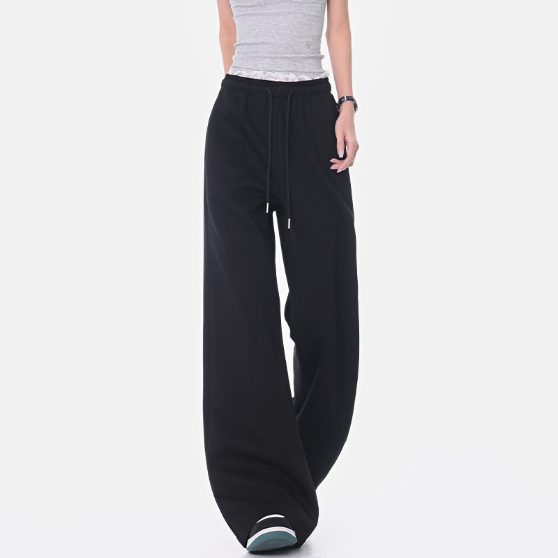 Black Lace Spliced Wide-Leg Casual Pants for Women - Flared Slimming Sweatpants for Spring/Summer Fashion
