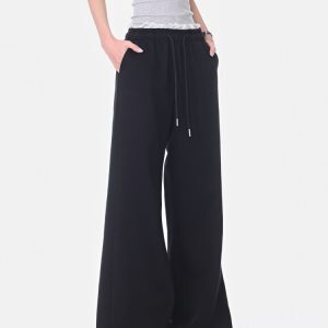 Black Lace Spliced Wide-Leg Casual Pants for Women - Flared Slimming Sweatpants for Spring/Summer Fashion