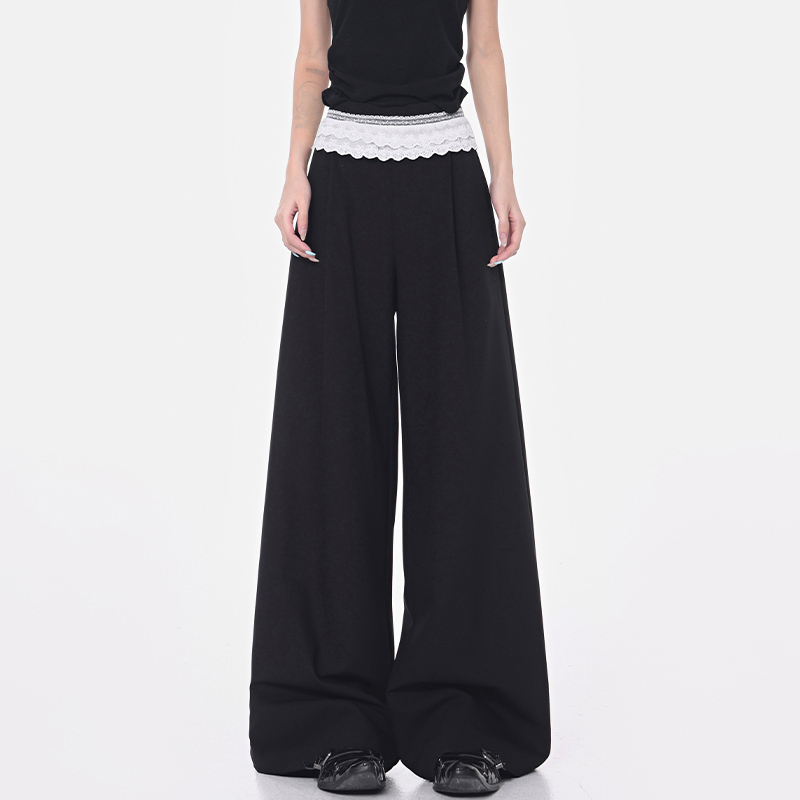 Black Lace Trim Spliced Wide-Leg Suit Pants for Women – Summer Loose Draped Floor-Length Trousers in Trendy Y2K Style