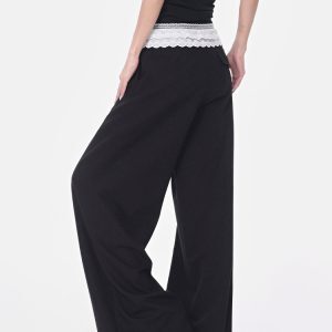 Black Lace Trim Spliced Wide-Leg Suit Pants for Women – Summer Loose Draped Floor-Length Trousers in Trendy Y2K Style