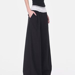 Black Lace Trim Spliced Wide-Leg Suit Pants for Women – Summer Loose Draped Floor-Length Trousers in Trendy Y2K Style