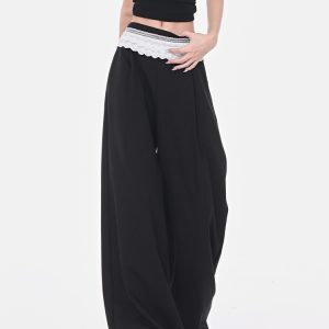 Black Lace Trim Spliced Wide-Leg Suit Pants for Women – Summer Loose Draped Floor-Length Trousers in Trendy Y2K Style