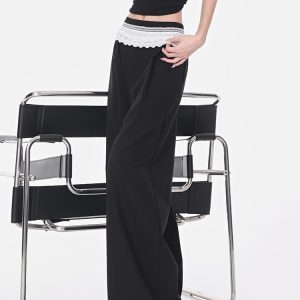 Black Lace Trim Spliced Wide-Leg Suit Pants for Women – Summer Loose Draped Floor-Length Trousers in Trendy Y2K Style