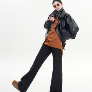 Black Lapel Long Sleeve Leather Jacket for Women - Spring Korean Style High-End Loose Casual Motorcycle Top