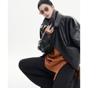 Black Lapel Long Sleeve Leather Jacket for Women - Spring Korean Style High-End Loose Casual Motorcycle Top