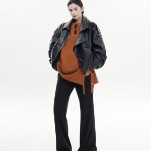 Black Lapel Long Sleeve Leather Jacket for Women - Spring Korean Style High-End Loose Casual Motorcycle Top