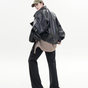 Black Lapel Long Sleeve Leather Jacket for Women - Spring Korean Style High-End Loose Casual Motorcycle Top