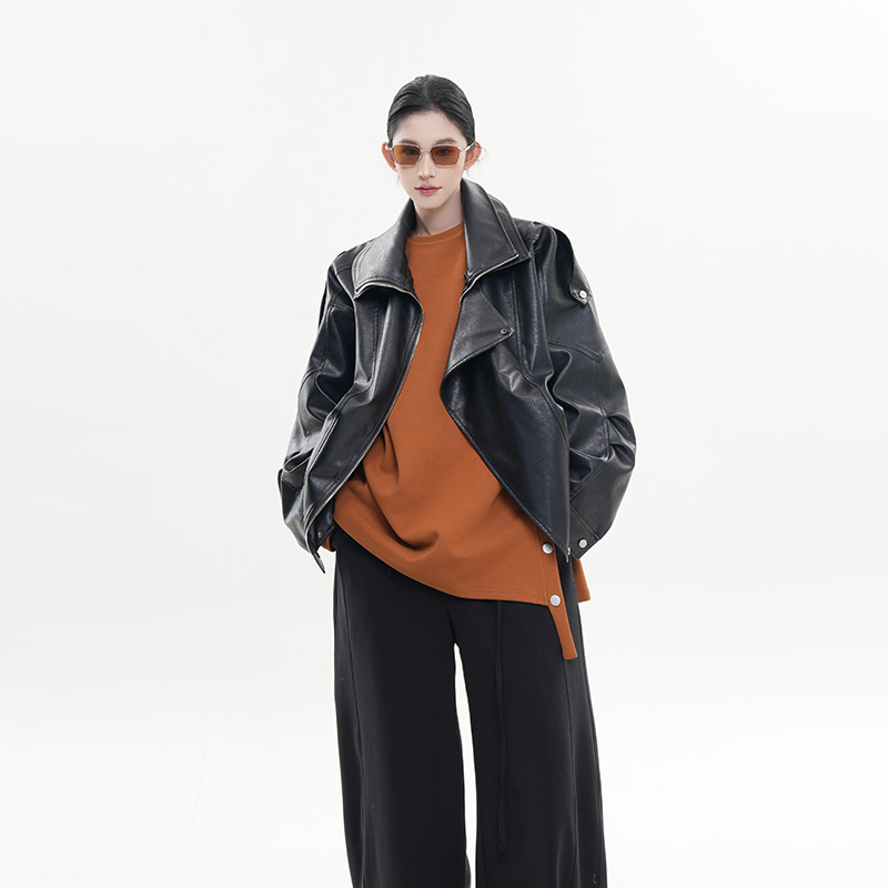 Black Lapel Long Sleeve Leather Jacket for Women - Spring Korean Style High-End Loose Casual Motorcycle Top