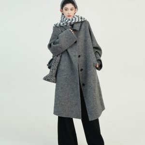 Black Lapel Long Sleeve Wool Coat for Women - Korean Style Loose Mid-Length Jacket for Autumn & Winter Fashion