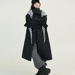 Black Lapel Long Sleeve Wool Coat for Women - Korean Style Loose Mid-Length Jacket for Autumn & Winter Fashion