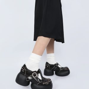 Black Leather Mary Jane Flats for Women - Height-Increasing Thick-Soled Sporty Versatile Design for Sweet Cool Style