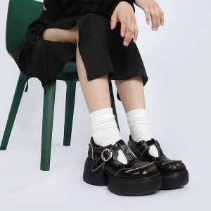 Black Leather Mary Jane Flats for Women - Height-Increasing Thick-Soled Sporty Versatile Design for Sweet Cool Style
