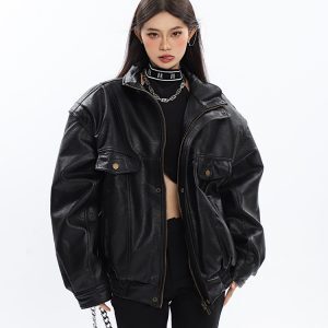 Black Leather Motorcycle Jacket for Women - High-End Spring Design, Niche Style, Trendy Biker Coat