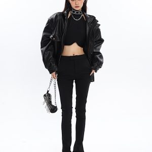 Black Leather Motorcycle Jacket for Women - High-End Spring Design, Niche Style, Trendy Biker Coat