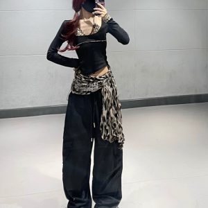 Black Leopard Print Spliced Long Sleeve Short Top and Thin Work Pants Jazz Dance Outfit for Women, Y2K Style