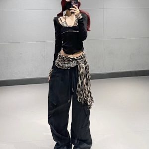 Black Leopard Print Spliced Long Sleeve Short Top and Thin Work Pants Jazz Dance Outfit for Women, Y2K Style