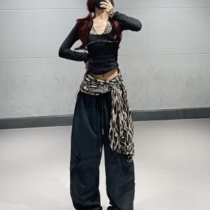Black Leopard Print Spliced Long Sleeve Short Top and Thin Work Pants Jazz Dance Outfit for Women, Y2K Style