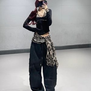 Black Leopard Print Spliced Long Sleeve Short Top and Thin Work Pants Jazz Dance Outfit for Women, Y2K Style