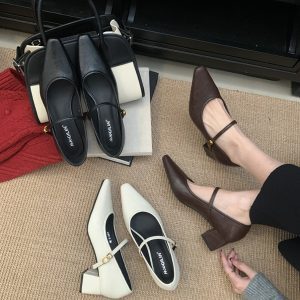 Black Mary Jane High-Heeled Chunky Shoes for Women - 2025 Spring French Style, Versatile Retro One-Strap Flats