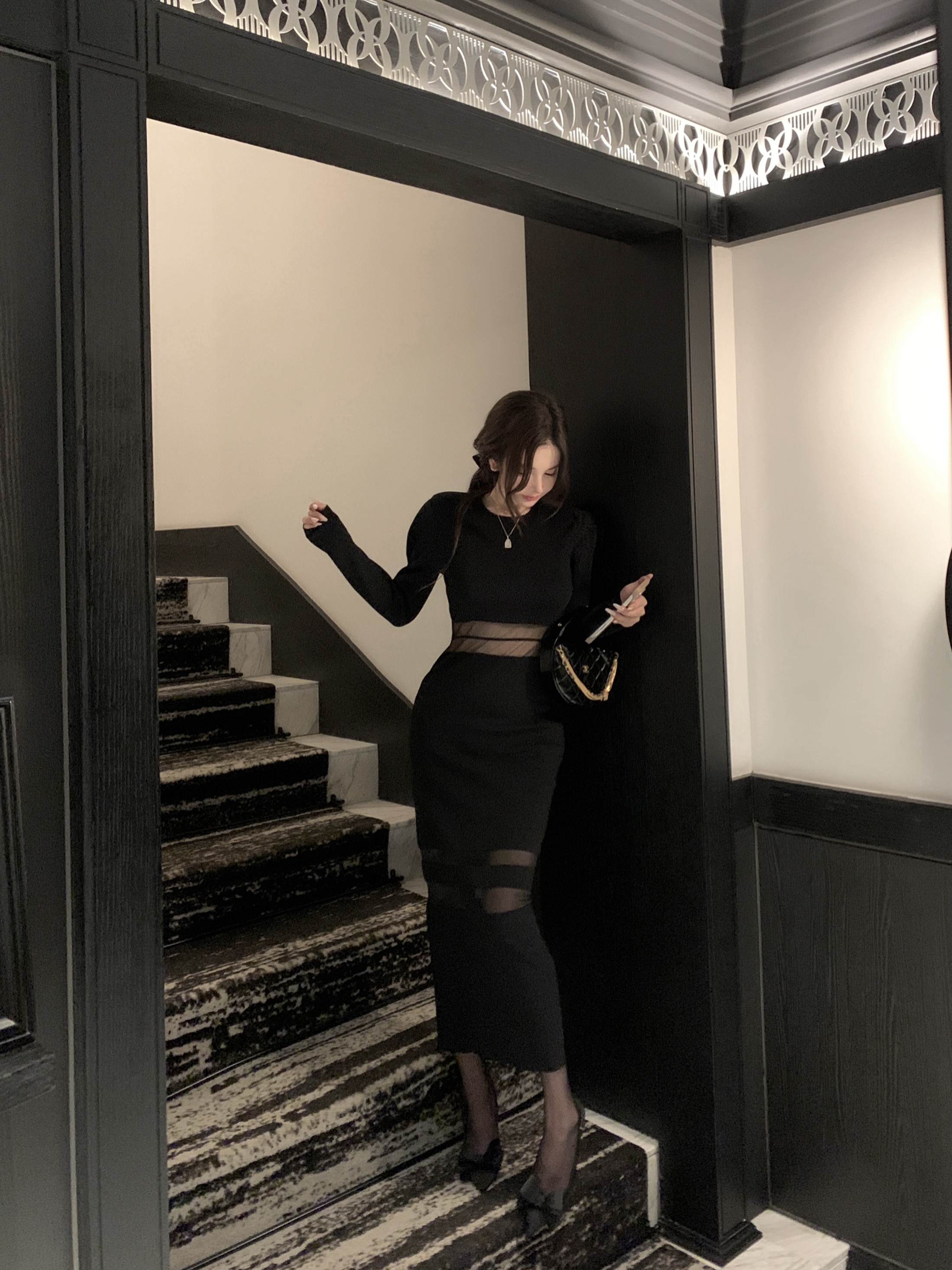 Black Mesh Spliced Long Dress with Knitted Base - Paris Curve Style, Showcasing Curves, Elegant Evening Wear, Y2K Fashion