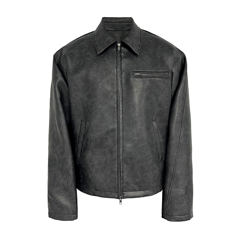 Black Mist Leather Jacket with Distressed Wood Grain Texture and YKK Zipper – Trendy 90s Inspired Outerwear for Edgy Style