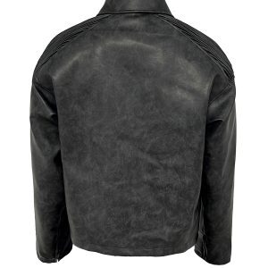 Black Mist Leather Jacket with Distressed Wood Grain Texture and YKK Zipper – Trendy 90s Inspired Outerwear for Edgy Style