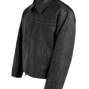Black Mist Leather Jacket with Distressed Wood Grain Texture and YKK Zipper – Trendy 90s Inspired Outerwear for Edgy Style