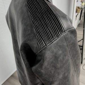 Black Mist Leather Jacket with Distressed Wood Grain Texture and YKK Zipper – Trendy 90s Inspired Outerwear for Edgy Style