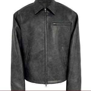Black Mist Leather Jacket with Distressed Wood Grain Texture and YKK Zipper – Trendy 90s Inspired Outerwear for Edgy Style