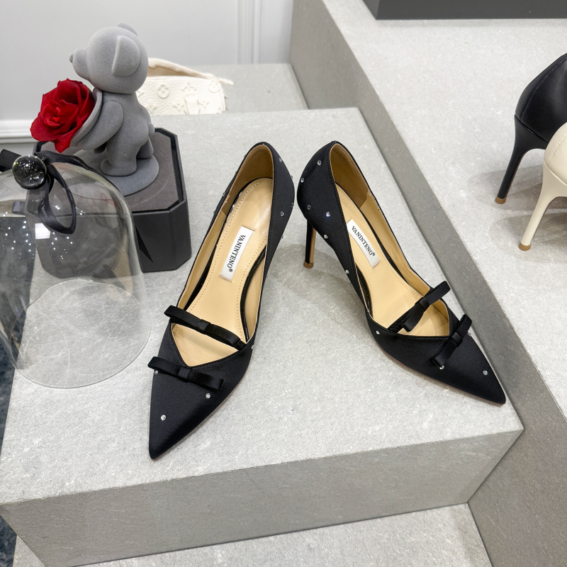 Black Pointed Toe Stiletto Heels with Rhinestone Bow – Elegant Party Shoes for Special Occasions