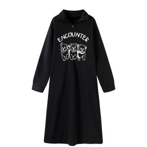 Black Printed Lapel Long Sleeve Fleece Sweatshirt Dress for Women - Autumn Winter Korean Style Loose Over-the-Knee Dress