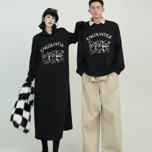 Black Printed Lapel Long Sleeve Fleece Sweatshirt Dress for Women - Autumn Winter Korean Style Loose Over-the-Knee Dress