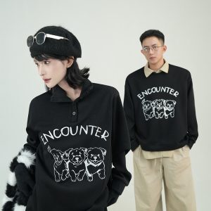 Black Printed Lapel Long Sleeve Fleece Sweatshirt Dress for Women - Autumn Winter Korean Style Loose Over-the-Knee Dress