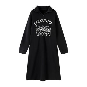 Black Printed Lapel Long Sleeve Fleece Sweatshirt Dress for Women - Autumn Winter Korean Style Loose Over-the-Knee Dress
