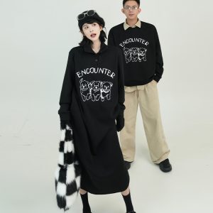 Black Printed Lapel Long Sleeve Fleece Sweatshirt Dress for Women - Autumn Winter Korean Style Loose Over-the-Knee Dress