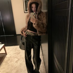 Black PU Leather Straight-Leg Pants for Women - Slimming Casual Style for Autumn Winter, Versatile High-End Look