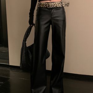Black PU Leather Straight-Leg Pants for Women - Slimming Casual Style for Autumn Winter, Versatile High-End Look