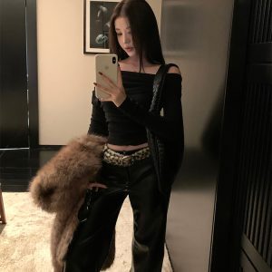 Black PU Leather Straight-Leg Pants for Women - Slimming Casual Style for Autumn Winter, Versatile High-End Look