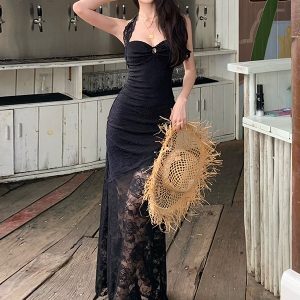 Black Rose Lace Bodycon Dress for Women - Spaghetti Strap High-End Gown for Beach Vacation, Elegant 90s Style