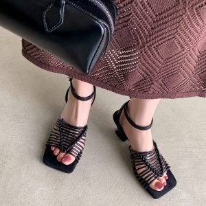 Black Silver Woven Roman Sandals for Women - Soft Bottom High Heels for Beach Vacation, Comfortable Summer Footwear