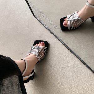 Black Silver Woven Roman Sandals for Women - Soft Bottom High Heels for Beach Vacation, Comfortable Summer Footwear