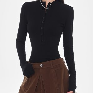 Black Slim Fit Long Sleeve T-Shirt for Women with Half Open Collar and Straight Shoulders – 2025 Early Spring Fashion Essential