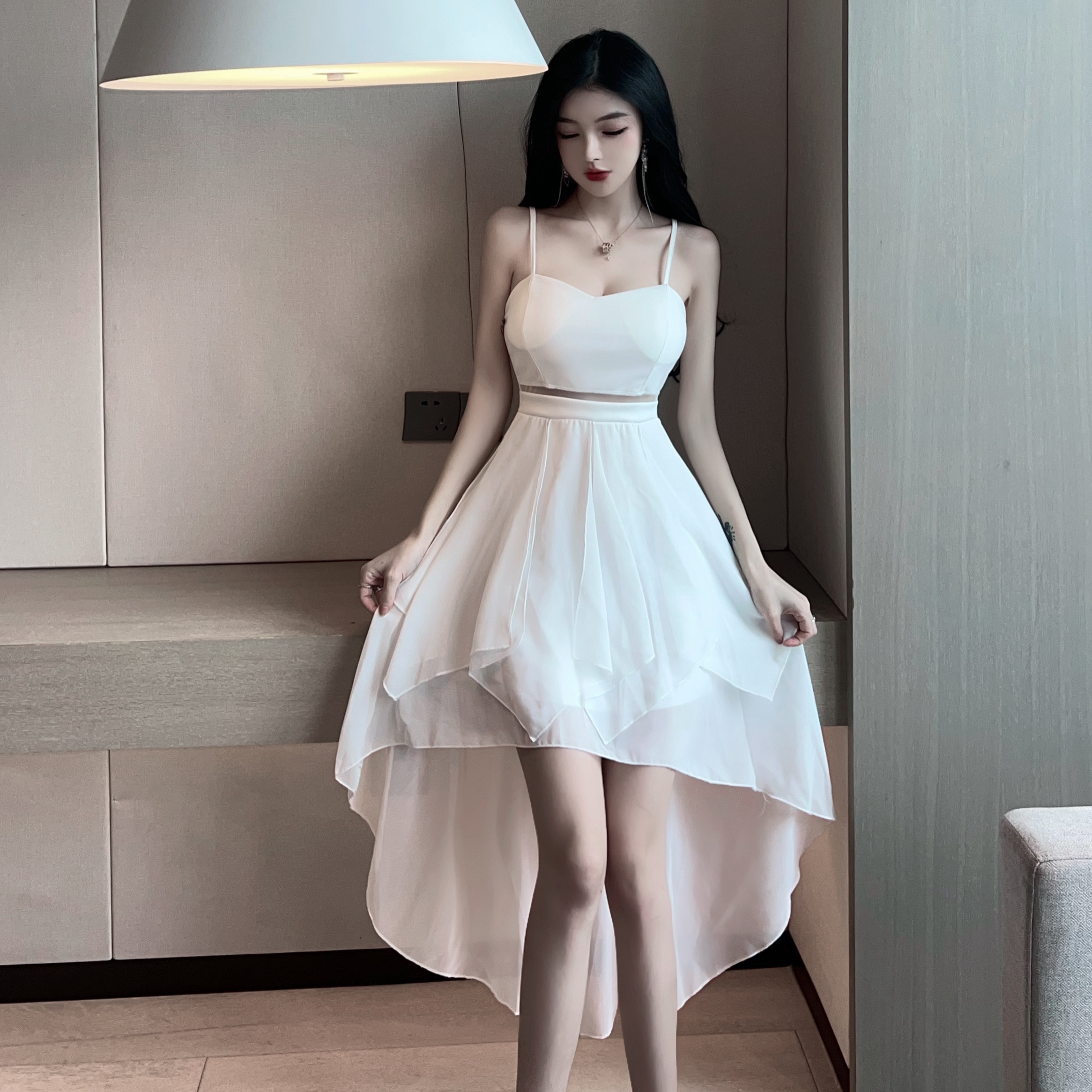 Black Spaghetti Strap Dress for Women - Sexy Summer Nightclub Style, Waist-Cinching Design, High-End Feel