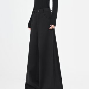 Black Thick Woolen Wide-Leg Suit Pants for Women - Autumn/Winter Floor-Length Trousers, Chic Fashion Essential